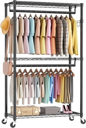 Declutter Your Space with Adjustable Rolling Clothes Rack, Heavy Duty 3-Tier Shelving with Wheels, Freestanding Closet Organizer, Black