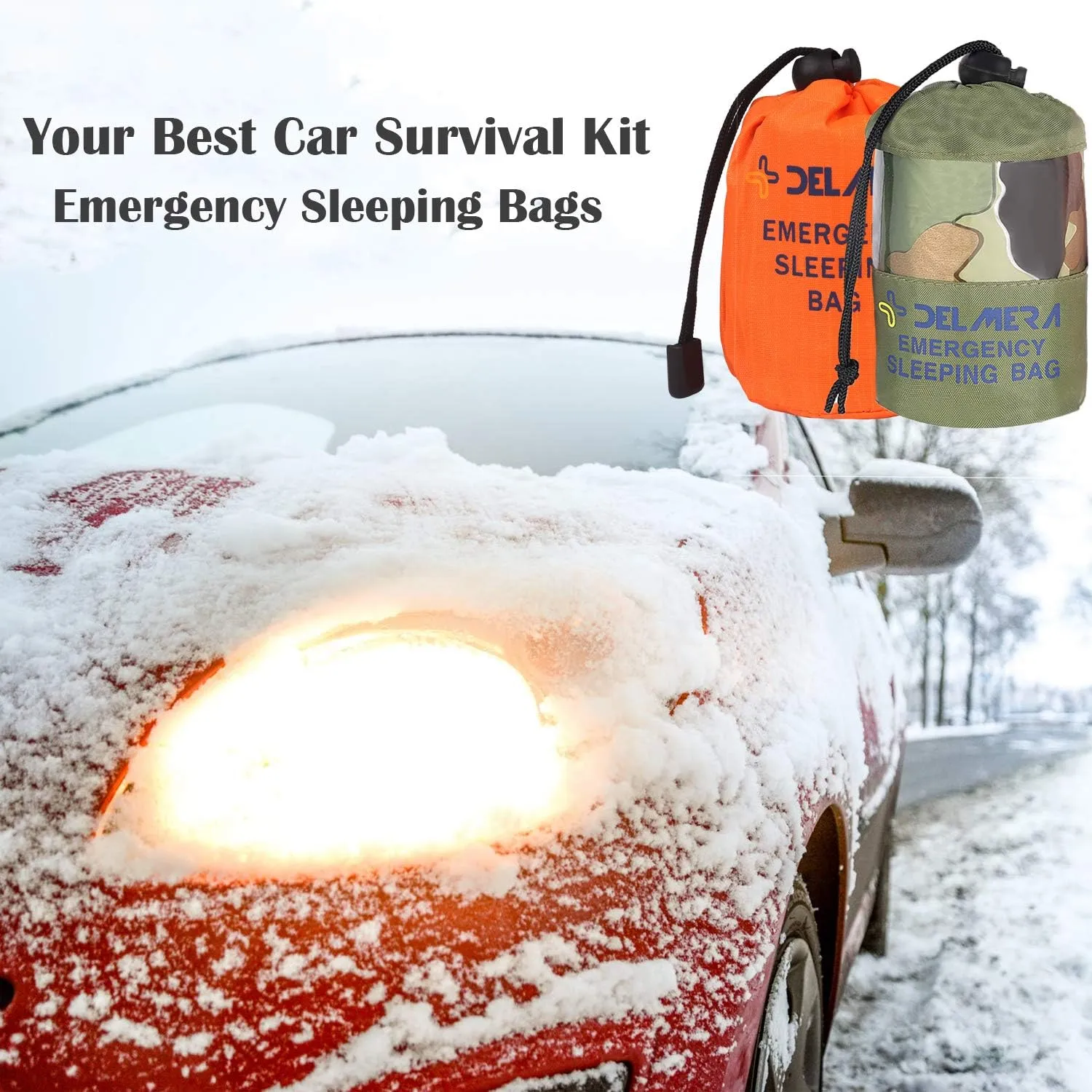 Delmera Emergency Sleeping Bag, Lightweight Survival Sleeping Bags Waterproof Thermal Emergency Blanket, Bivy Sack Survival Gear for Outdoor Adventure, Camping, Hiking, Orange, Green