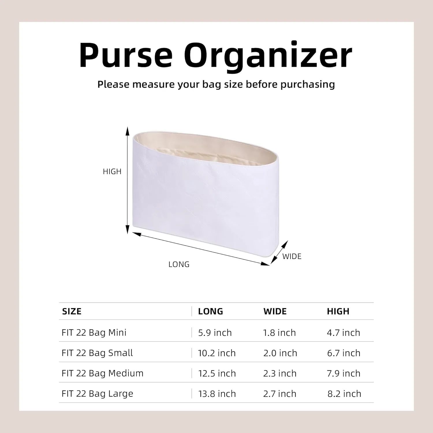 DGAZ Lightweight Purse Organizer Insert for Chanel 22 Bag,Silk and Dupontpaper handbag inner for Luxury Bags(Craie,S)