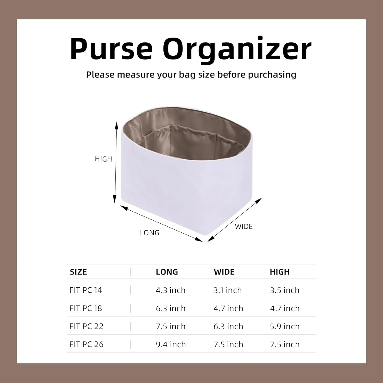 DGAZ Lightweight Purse Organizer Insert for Hermes Picotin Bag,Silk and Dupontpaper handbag inner for Luxury Bags(Etoupe grey,PC18)