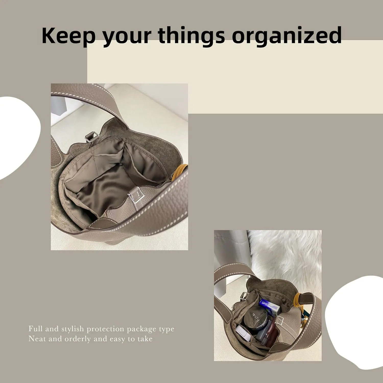 DGAZ Lightweight Purse Organizer Insert for Hermes Picotin Bag,Silk and Dupontpaper handbag inner for Luxury Bags(Etoupe grey,PC18)