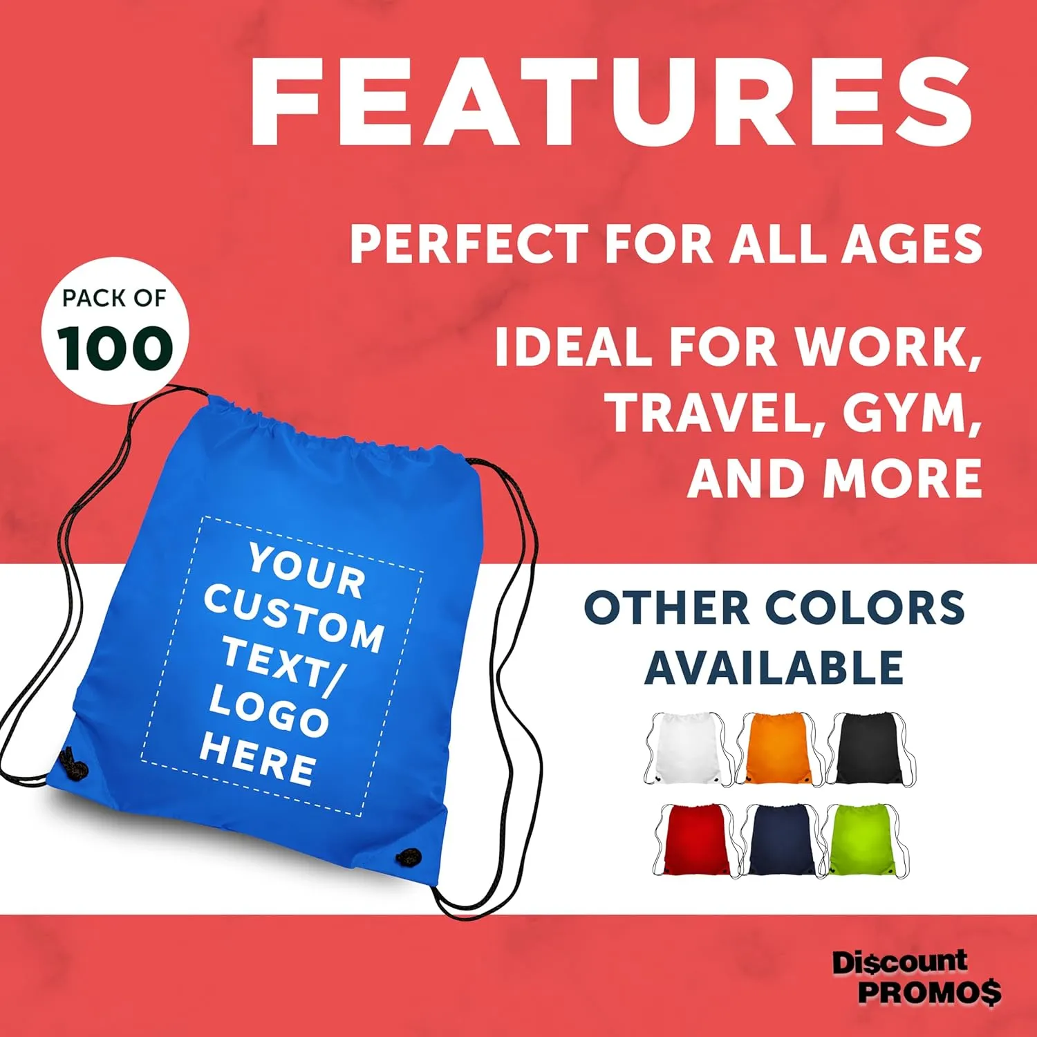 DISCOUNT PROMOS Custom Drawstring Backpacks Set of 100, Personalized Bulk Pack - Water Resistant, Perfect for Gym, Camping, Beach, Outdoor Sports - Royal Blue
