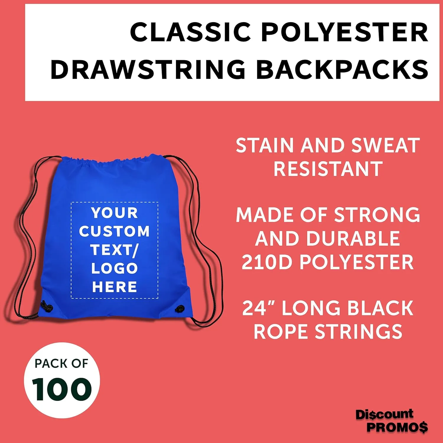 DISCOUNT PROMOS Custom Drawstring Backpacks Set of 100, Personalized Bulk Pack - Water Resistant, Perfect for Gym, Camping, Beach, Outdoor Sports - Royal Blue