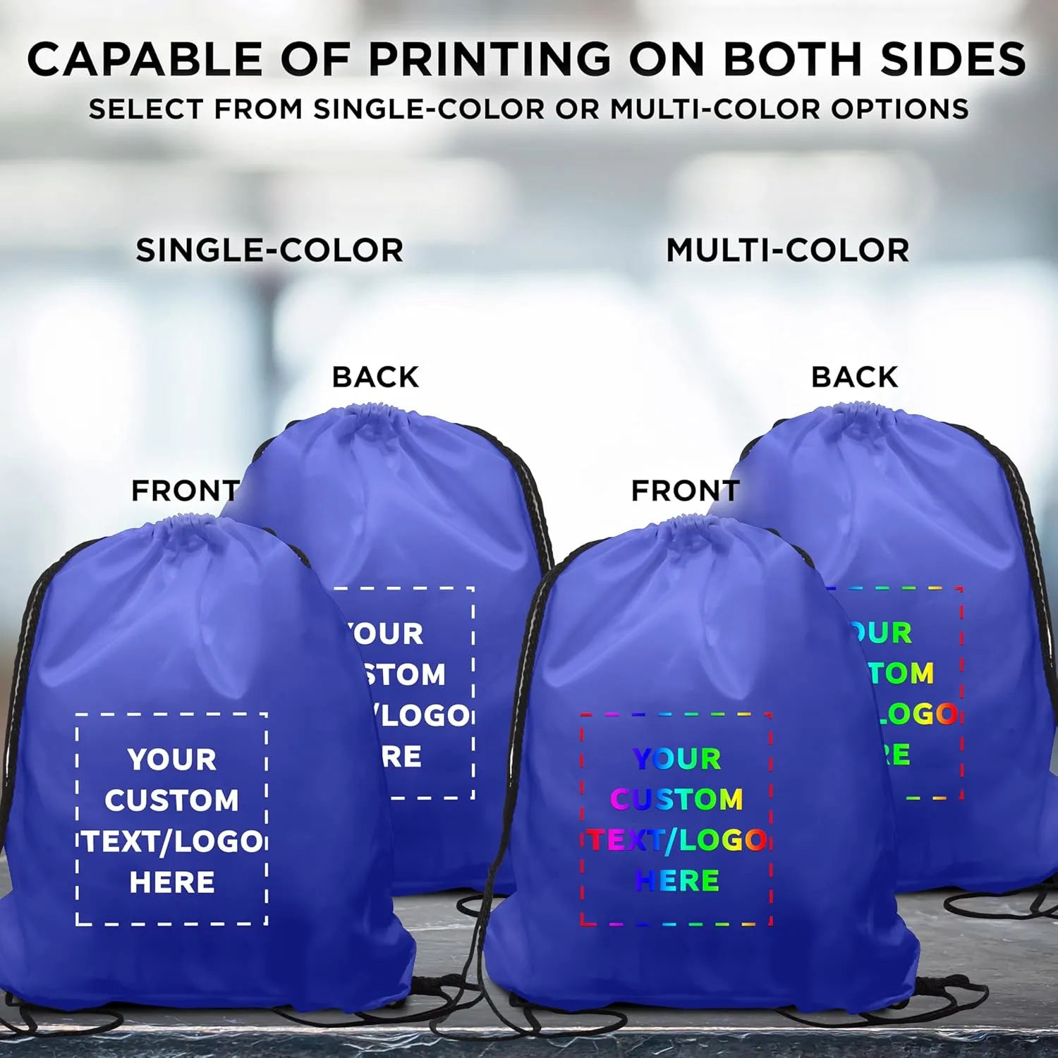 DISCOUNT PROMOS Custom Drawstring Backpacks Set of 100, Personalized Bulk Pack - Water Resistant, Perfect for Gym, Camping, Beach, Outdoor Sports - Royal Blue