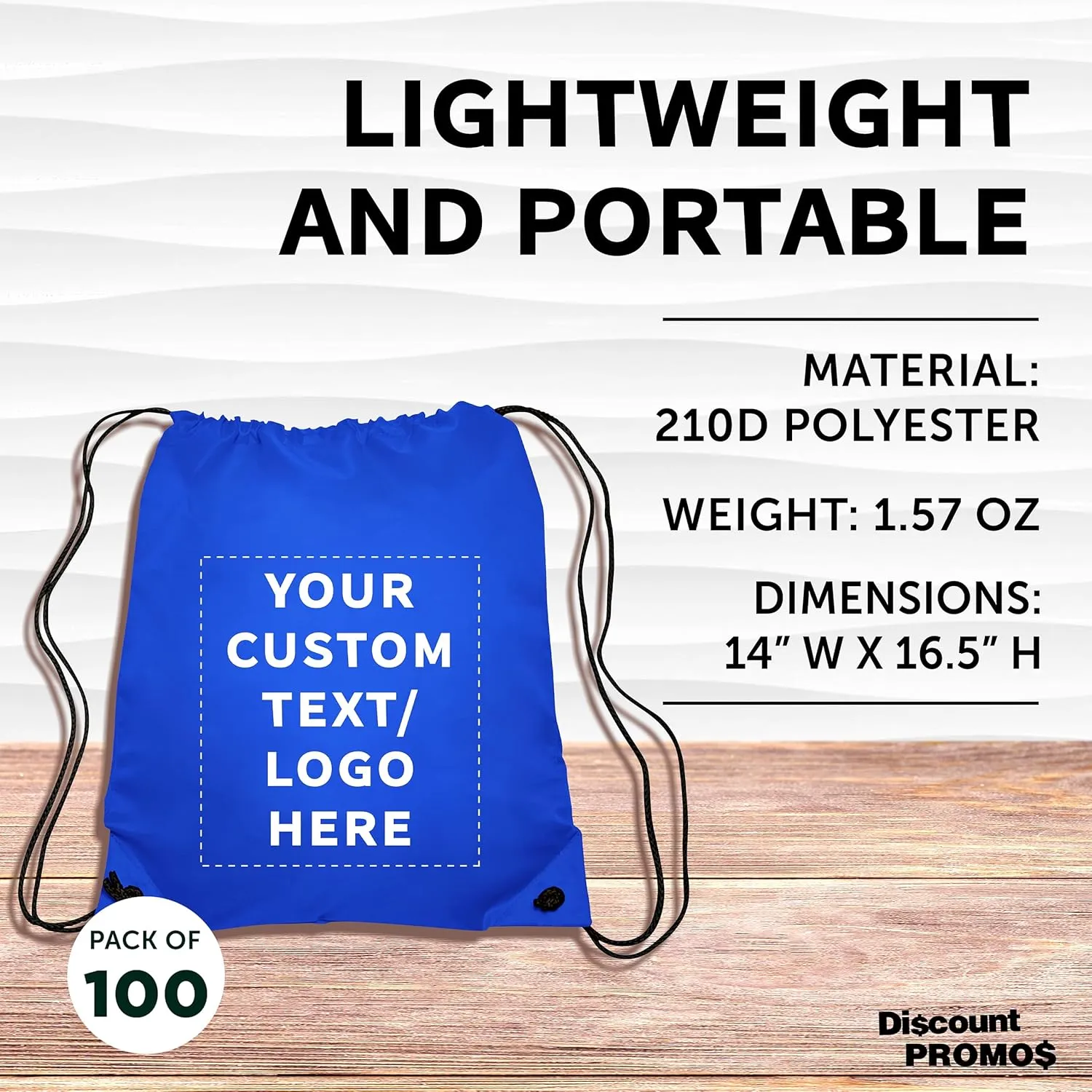 DISCOUNT PROMOS Custom Drawstring Backpacks Set of 100, Personalized Bulk Pack - Water Resistant, Perfect for Gym, Camping, Beach, Outdoor Sports - Royal Blue