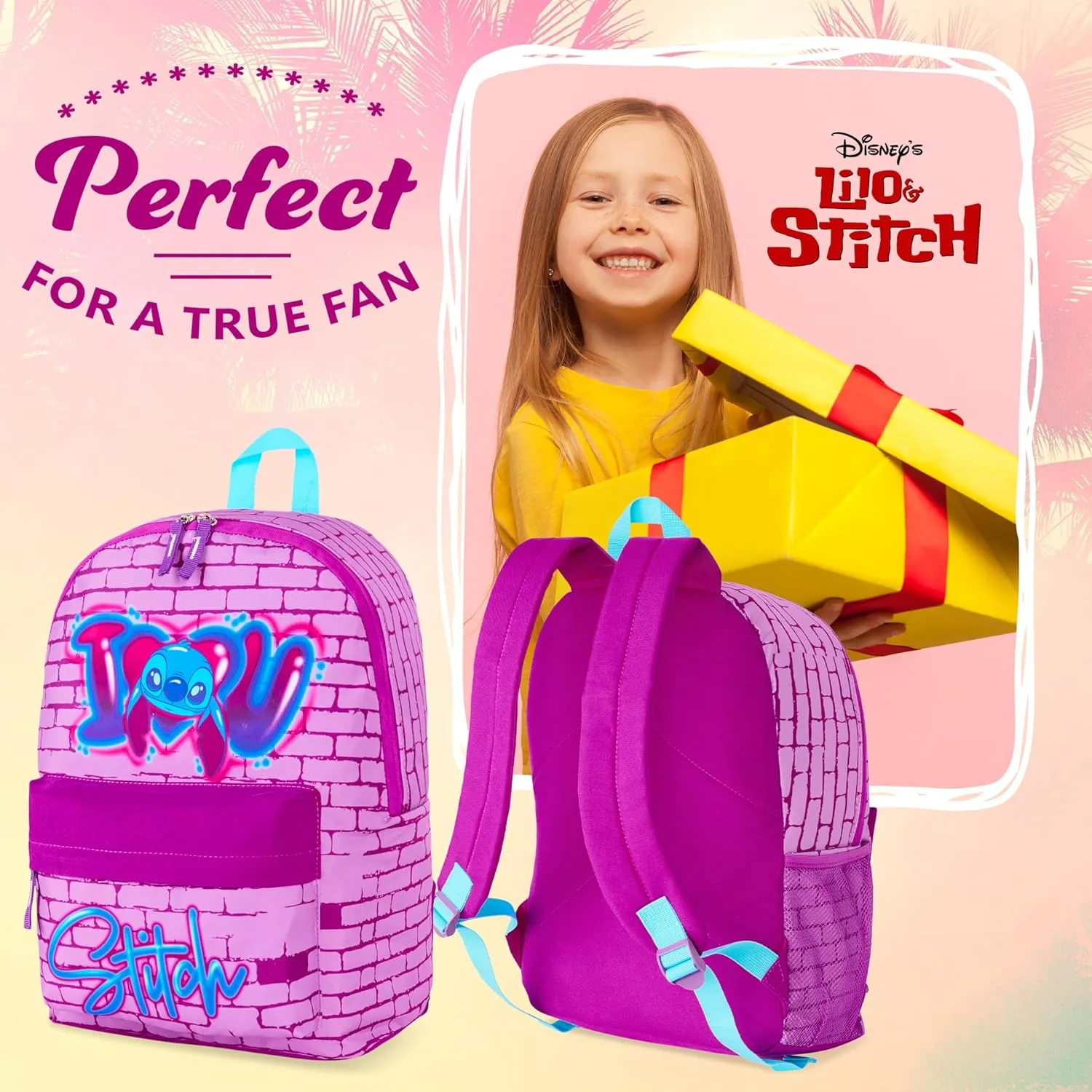 Disney Backpack for Girls, Stitch School Bags for Girls (Pink)