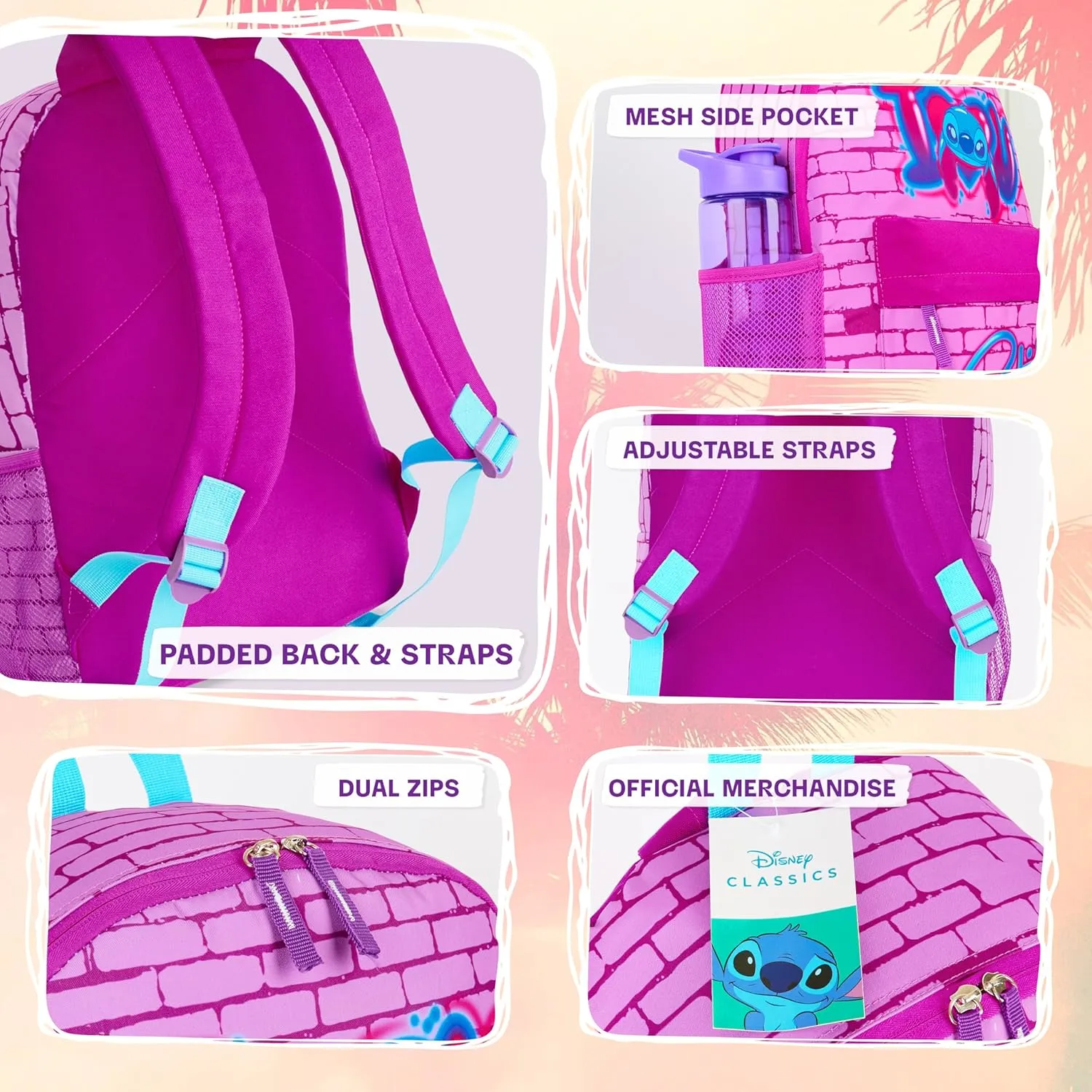 Disney Backpack for Girls, Stitch School Bags for Girls (Pink)