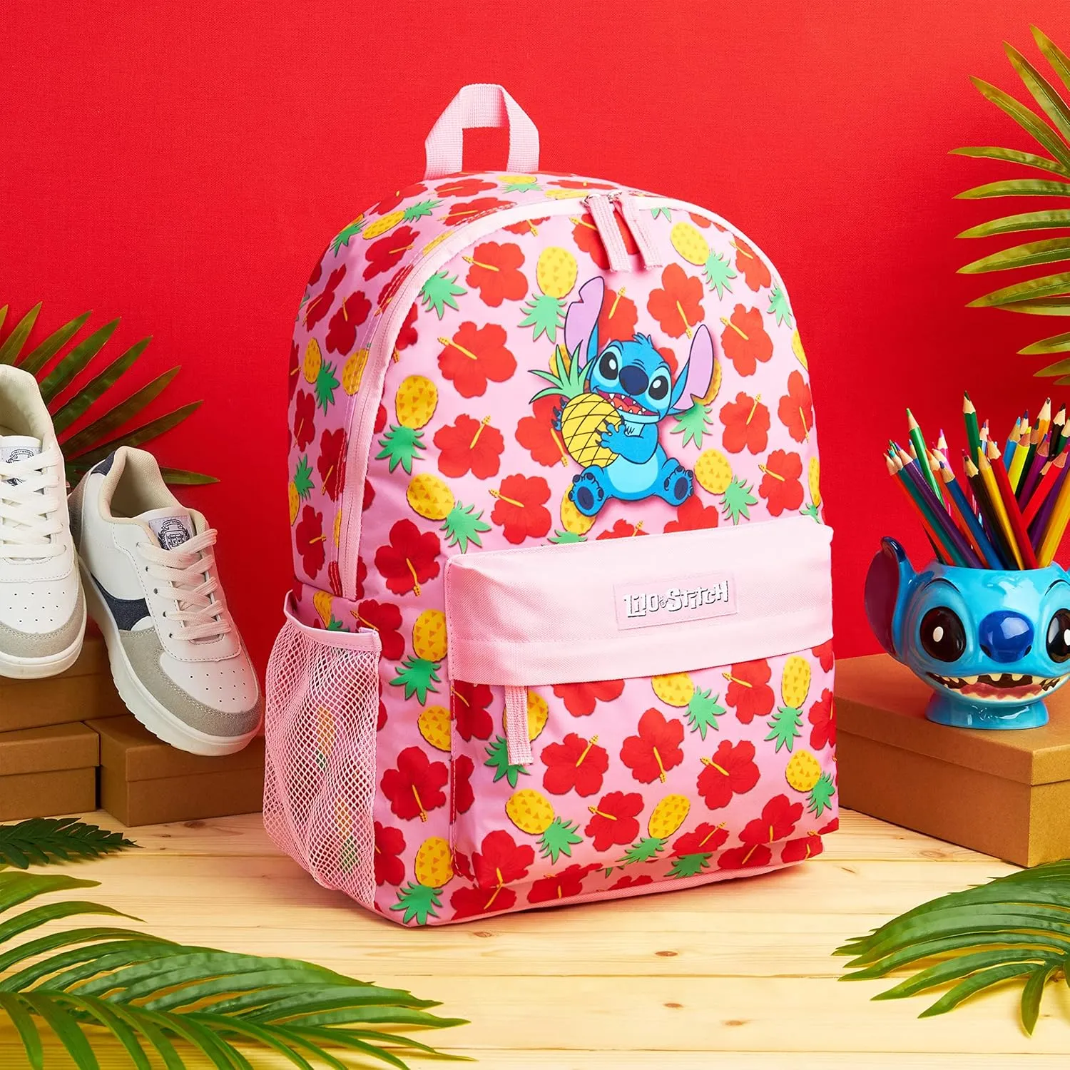 Disney Backpack for Girls, Stitch School Bags for Girls (Pink/Red)
