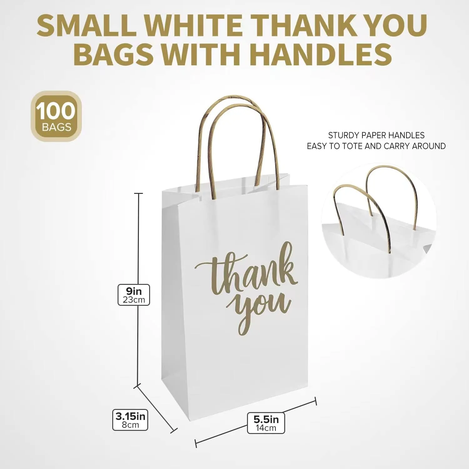 DjinnGlory 100 Pack Small Sized White Thank You Paper Kraft Gift Bags with Handles 9x5.5x3.15 Inch for Business Graduation Birthday Wedding Bridal Baby Shower Party Favors Goodies
