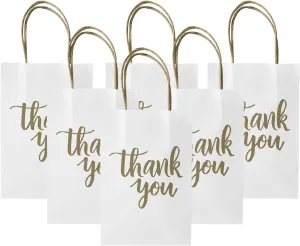DjinnGlory 100 Pack Small Sized White Thank You Paper Kraft Gift Bags with Handles 9x5.5x3.15 Inch for Business Graduation Birthday Wedding Bridal Baby Shower Party Favors Goodies