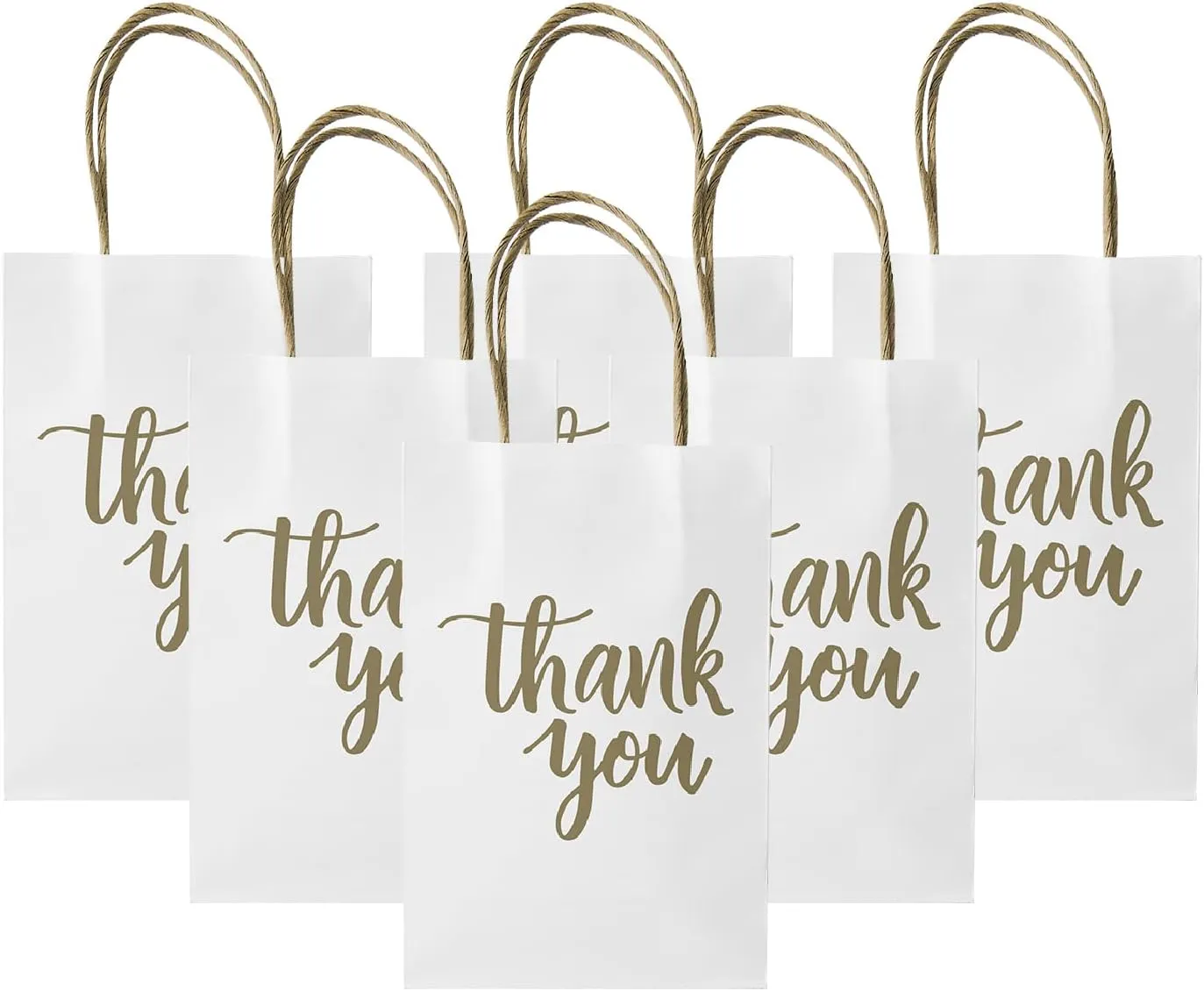 DjinnGlory 100 Pack Small Sized White Thank You Paper Kraft Gift Bags with Handles 9x5.5x3.15 Inch for Business Graduation Birthday Wedding Bridal Baby Shower Party Favors Goodies