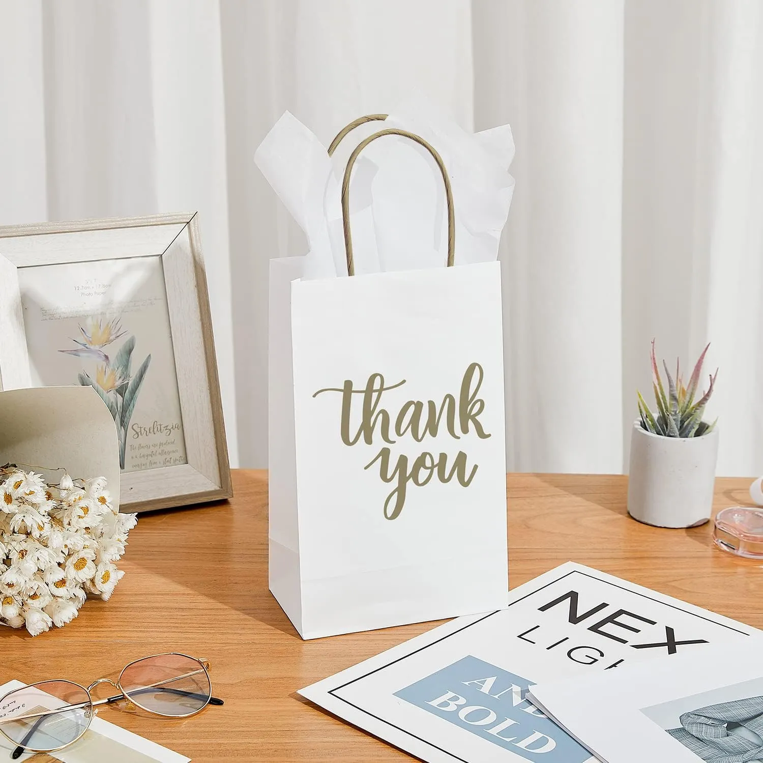 DjinnGlory 100 Pack Small Sized White Thank You Paper Kraft Gift Bags with Handles 9x5.5x3.15 Inch for Business Graduation Birthday Wedding Bridal Baby Shower Party Favors Goodies