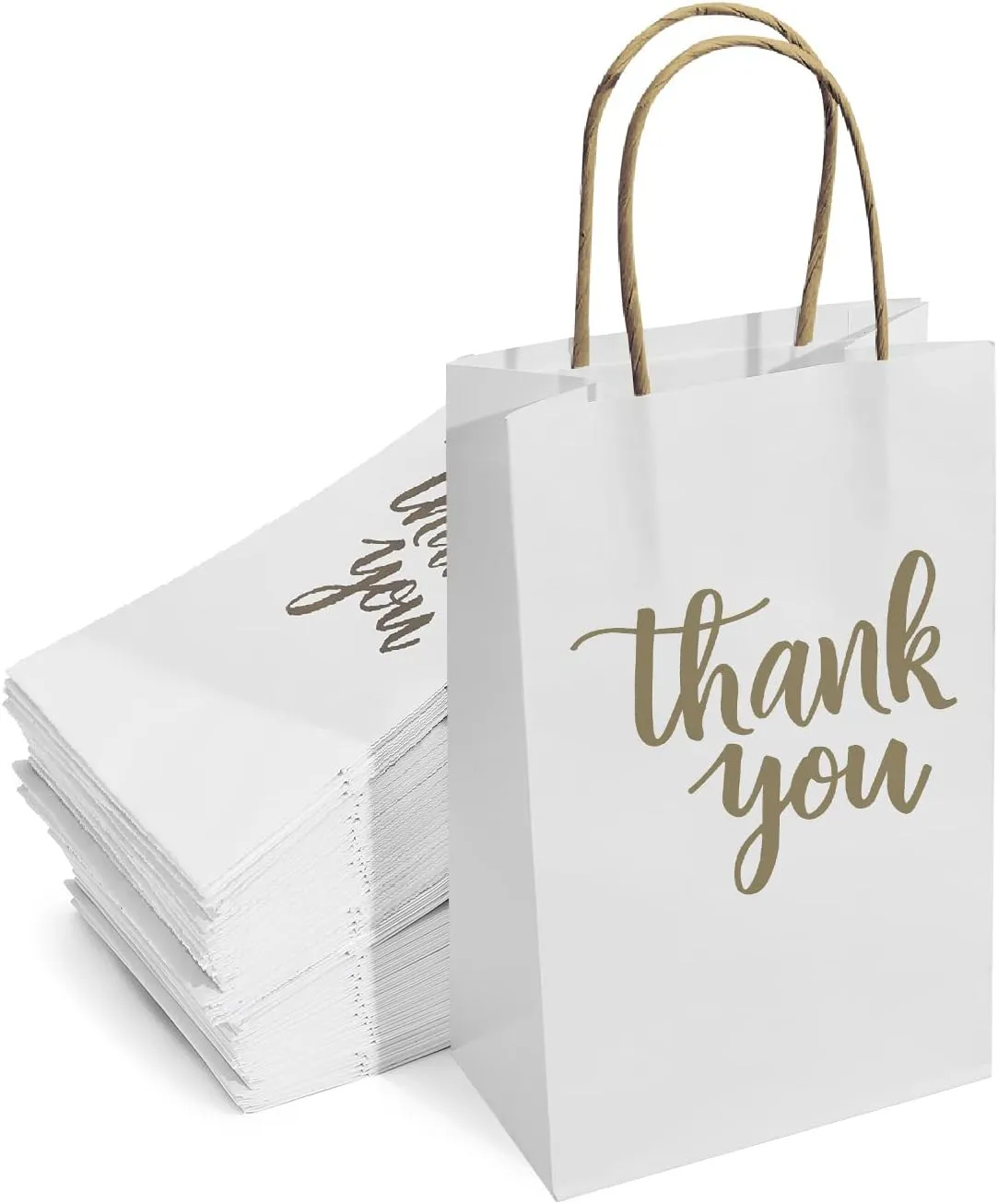 DjinnGlory 100 Pack Small Sized White Thank You Paper Kraft Gift Bags with Handles 9x5.5x3.15 Inch for Business Graduation Birthday Wedding Bridal Baby Shower Party Favors Goodies