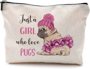Dog Gifts for Women,Dog Makeup Bag,Pug Cosmetic Bags With Zipper,Dog Mom Makeup Bag,Birthday Gifts for Dog Lovers,Just A Girl Who Loves Dogs Makeup Bag