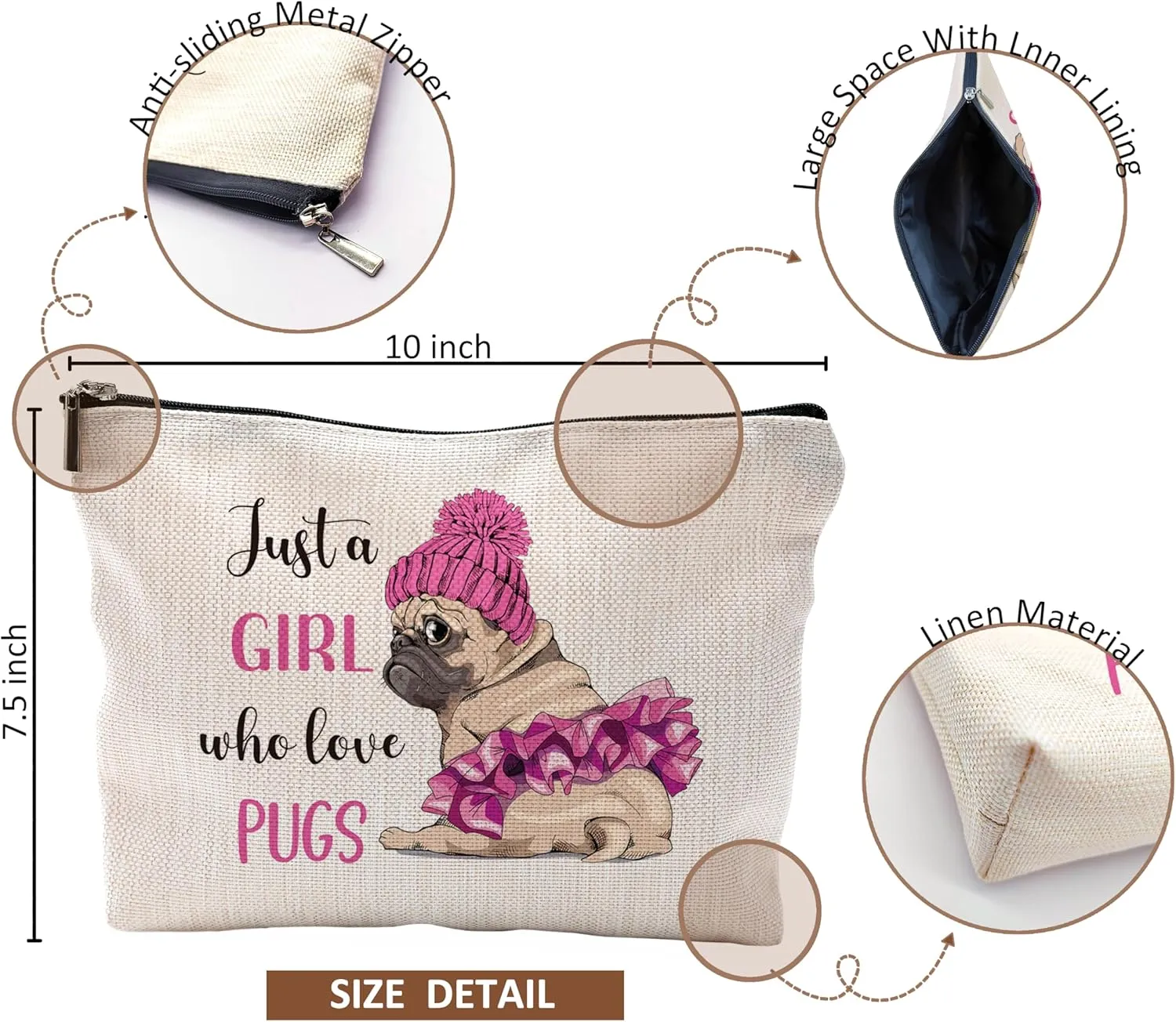 Dog Gifts for Women,Dog Makeup Bag,Pug Cosmetic Bags With Zipper,Dog Mom Makeup Bag,Birthday Gifts for Dog Lovers,Just A Girl Who Loves Dogs Makeup Bag
