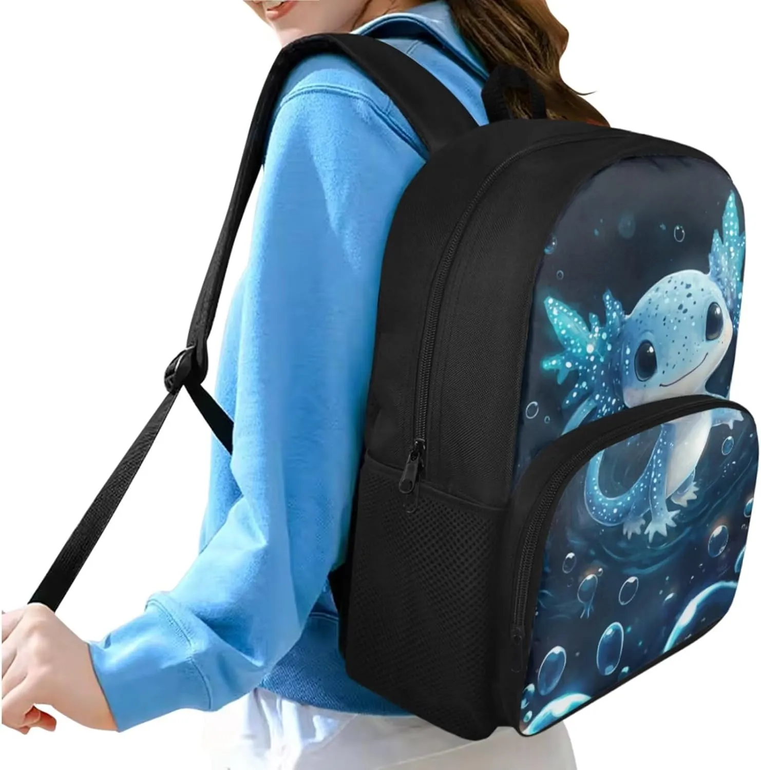 doginthehole Cute Axolotl Backpack for Boys Blue Bubble Kids Bookbag with Lunch Box 4 Piece Lightweight School Bag Set for Boys 8-12 for Preschool Elementary School Kids Casual Travel Book Bags