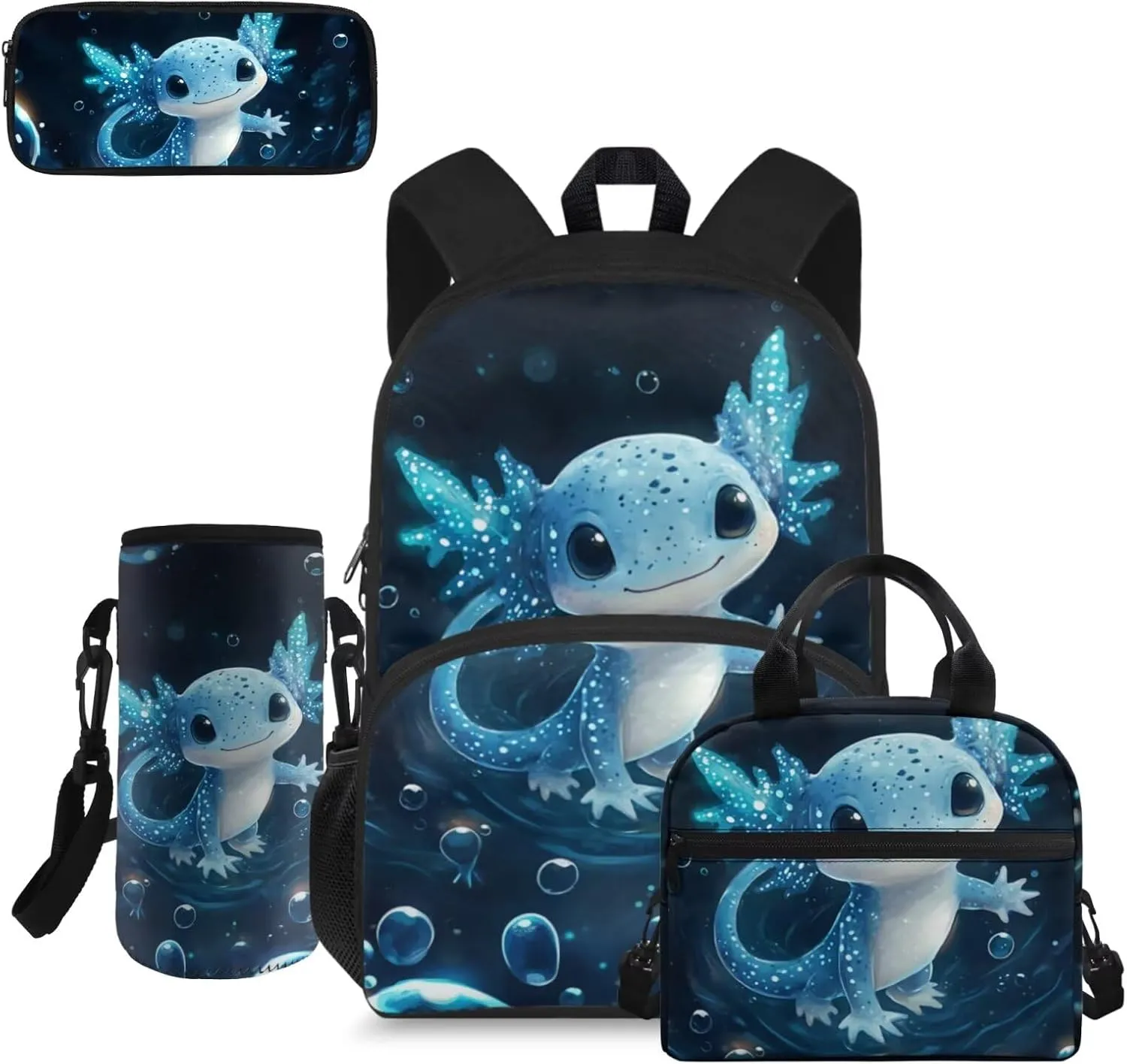 doginthehole Cute Axolotl Backpack for Boys Blue Bubble Kids Bookbag with Lunch Box 4 Piece Lightweight School Bag Set for Boys 8-12 for Preschool Elementary School Kids Casual Travel Book Bags