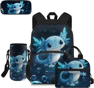 doginthehole Cute Axolotl Backpack for Boys Blue Bubble Kids Bookbag with Lunch Box 4 Piece Lightweight School Bag Set for Boys 8-12 for Preschool Elementary School Kids Casual Travel Book Bags