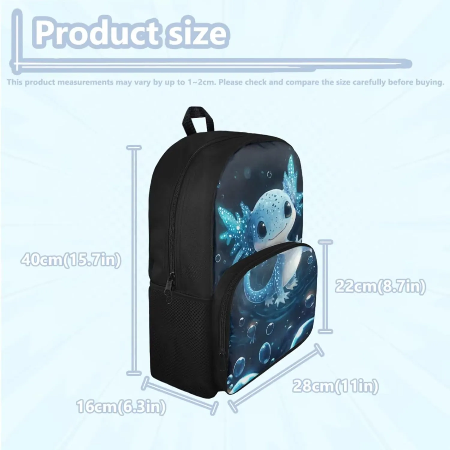 doginthehole Cute Axolotl Backpack for Boys Blue Bubble Kids Bookbag with Lunch Box 4 Piece Lightweight School Bag Set for Boys 8-12 for Preschool Elementary School Kids Casual Travel Book Bags