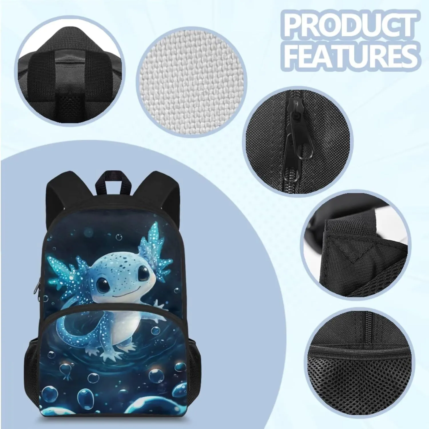 doginthehole Cute Axolotl Backpack for Boys Blue Bubble Kids Bookbag with Lunch Box 4 Piece Lightweight School Bag Set for Boys 8-12 for Preschool Elementary School Kids Casual Travel Book Bags