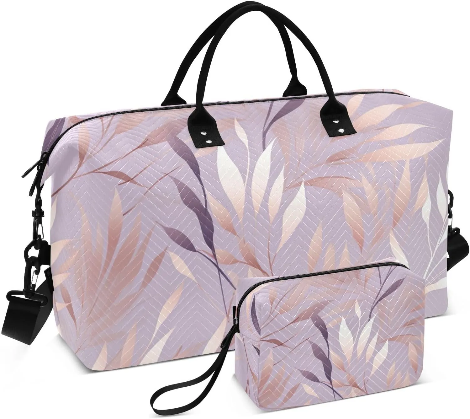 DOMIKING Metallic Leaves Purple Travel Duffle Bag Foldable Weekender Overnight Bags for Women Men Carry On Bag Personal Item Travel Bag with Toiletry Bag for Yoga Business Travel, 2 Pcs
