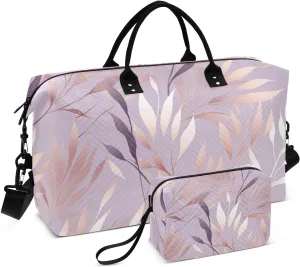 DOMIKING Metallic Leaves Purple Travel Duffle Bag Foldable Weekender Overnight Bags for Women Men Carry On Bag Personal Item Travel Bag with Toiletry Bag for Yoga Business Travel, 2 Pcs