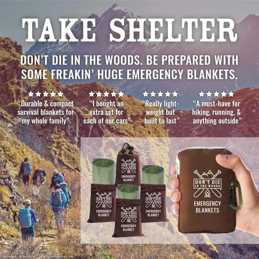 Don't Die In The Woods - Freakin’ Huge Emergency Blankets [4-Pack] Extra-Large Thermal Mylar Space Blankets with Ripstop Nylon Stuff Sacks   Carabiner Zipper Pack [Army Green]
