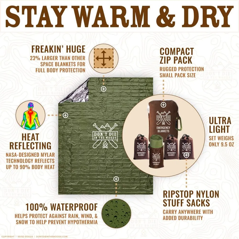Don't Die In The Woods - Freakin’ Huge Emergency Blankets [4-Pack] Extra-Large Thermal Mylar Space Blankets with Ripstop Nylon Stuff Sacks   Carabiner Zipper Pack [Army Green]