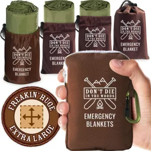 Don't Die In The Woods - Freakin’ Huge Emergency Blankets [4-Pack] Extra-Large Thermal Mylar Space Blankets with Ripstop Nylon Stuff Sacks   Carabiner Zipper Pack [Army Green]