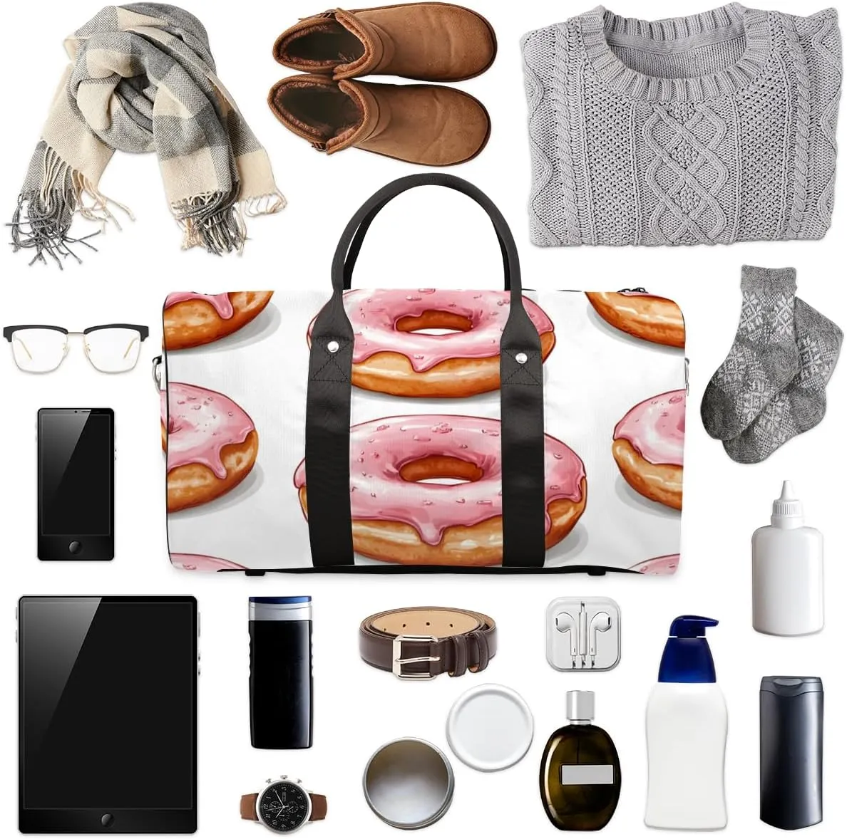 Donuts Travel Duffle Bag for Women Men Gym Duffel Foldable Bag Waterproof Weekender Sweets Dessert Food Theme Duffle Tote