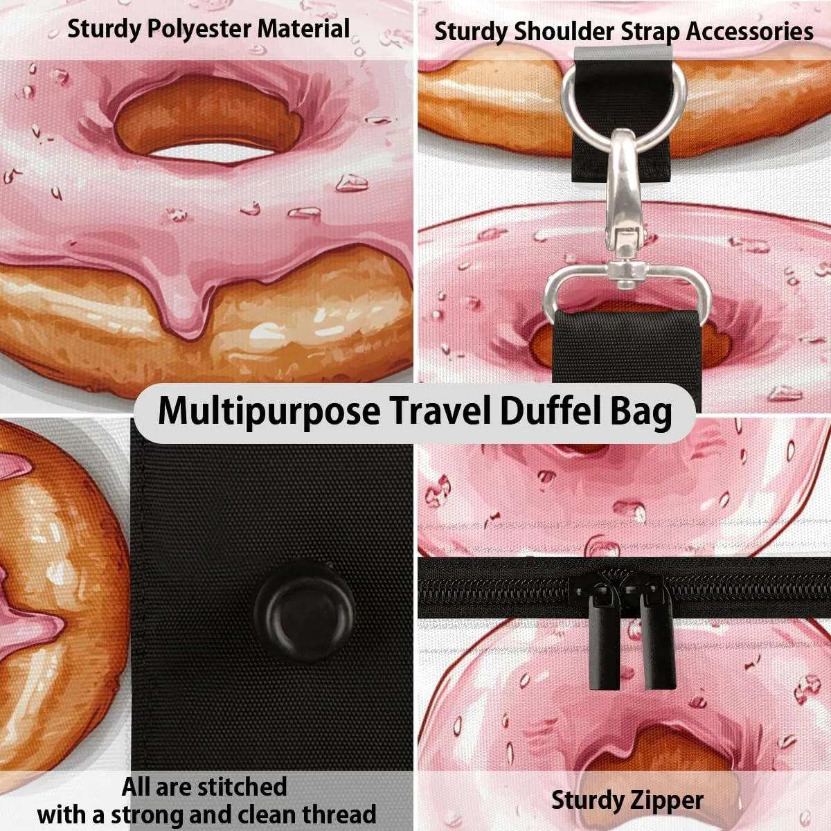Donuts Travel Duffle Bag for Women Men Gym Duffel Foldable Bag Waterproof Weekender Sweets Dessert Food Theme Duffle Tote