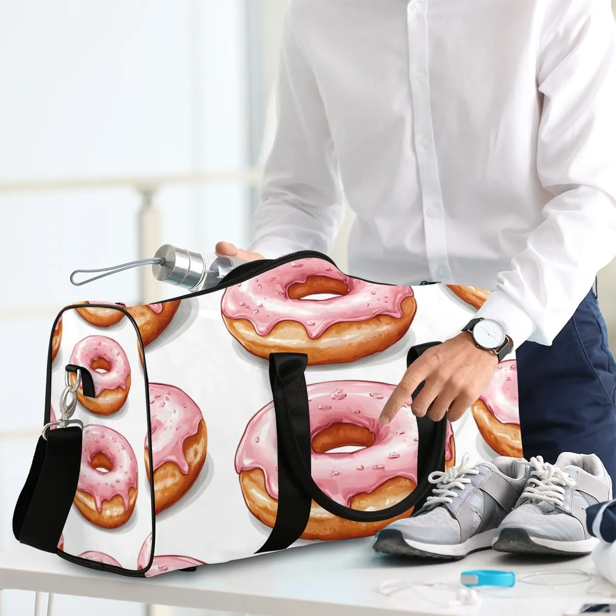 Donuts Travel Duffle Bag for Women Men Gym Duffel Foldable Bag Waterproof Weekender Sweets Dessert Food Theme Duffle Tote
