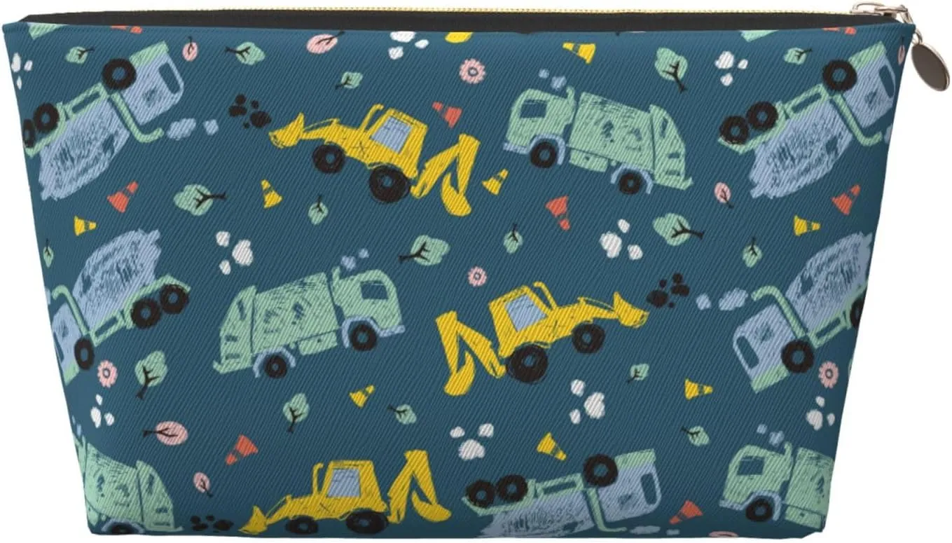 Doodle Cute Cement Trucks Dark Blue Small Makeup Bag For Purse,Leather Cosmetic Bags For Girls Women Zipper Travel Toiletry Pouch Makeup Bags