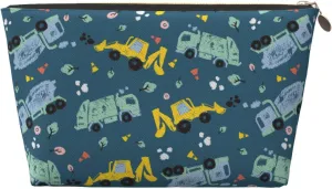 Doodle Cute Cement Trucks Dark Blue Small Makeup Bag For Purse,Leather Cosmetic Bags For Girls Women Zipper Travel Toiletry Pouch Makeup Bags