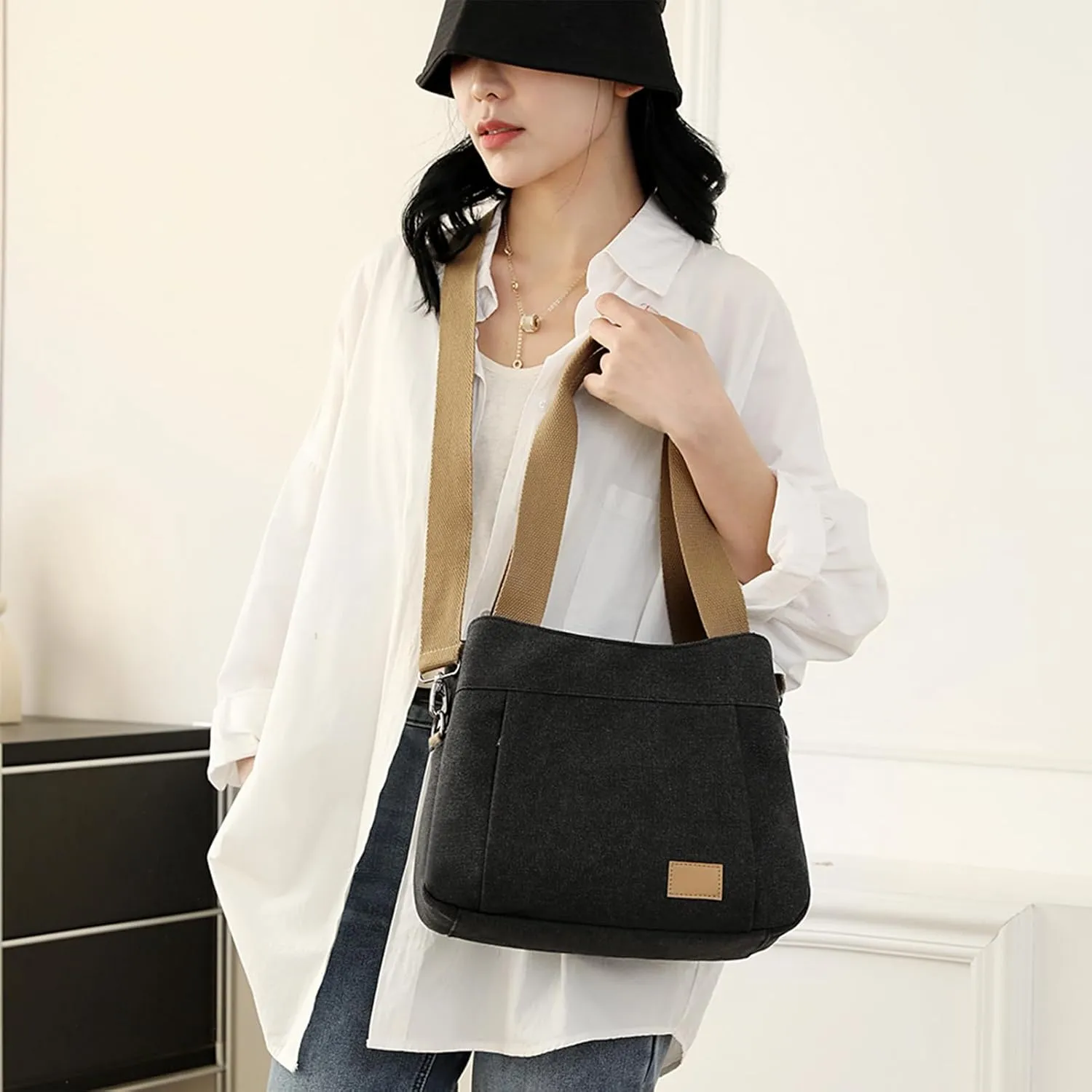 DOURR Light Cotton Canvas Crossbody Bags for Women Daily Small Organized Shoulder Handbags with 3 Compartments