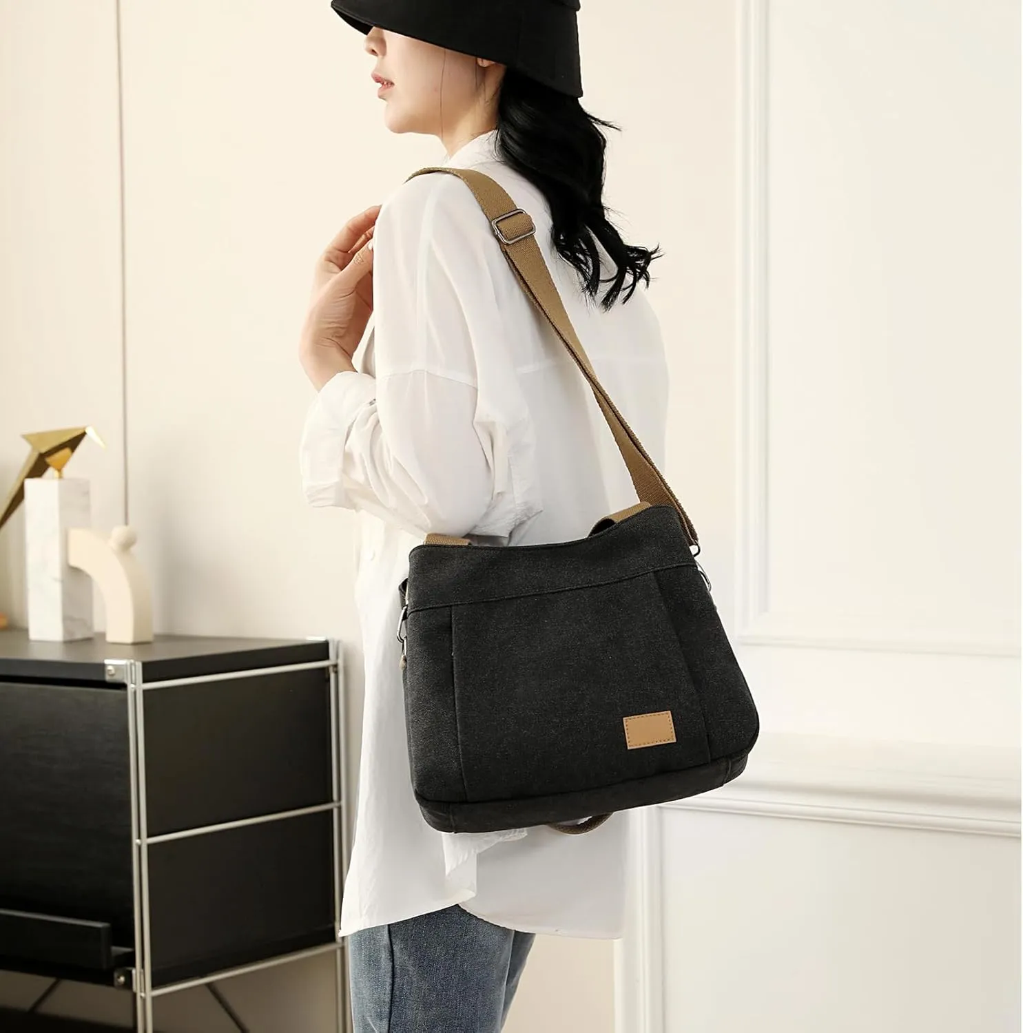 DOURR Light Cotton Canvas Crossbody Bags for Women Daily Small Organized Shoulder Handbags with 3 Compartments