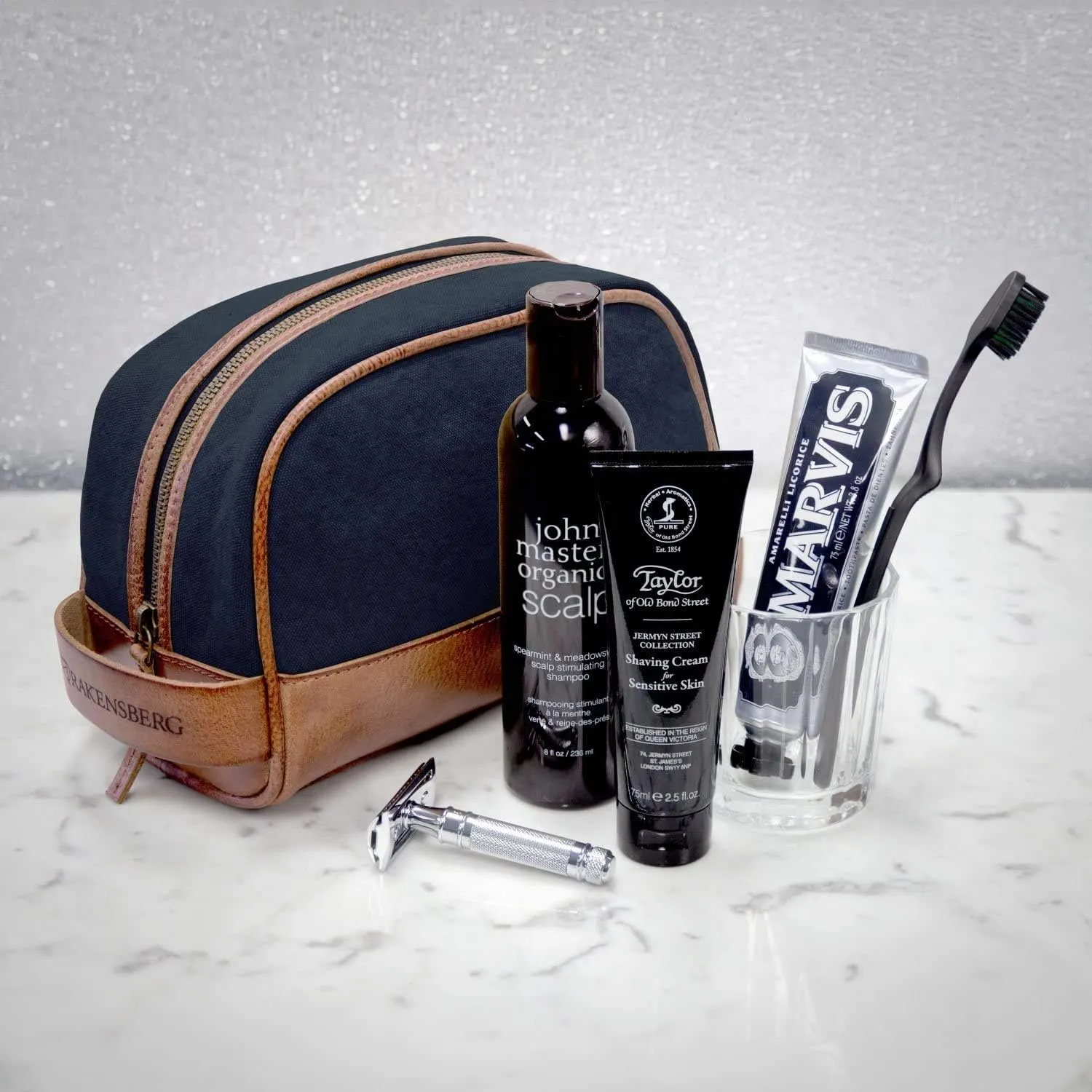 DRAKENSBERG Dopp Kit 'Glen' - classic toiletry bag and kit, cosmetic and toilet-bag, ladies, men, sustainably handmade, retro-vintage, 5L, canvas, leather, navy-blue, DR00197