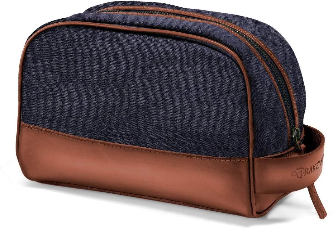 DRAKENSBERG Dopp Kit 'Glen' - classic toiletry bag and kit, cosmetic and toilet-bag, ladies, men, sustainably handmade, retro-vintage, 5L, canvas, leather, navy-blue, DR00197