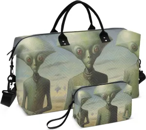 Duffel Bag Set for Travel Gym Sport, Weekender Bag Carry on Overnight Bags for Women Men-Three Alien Print