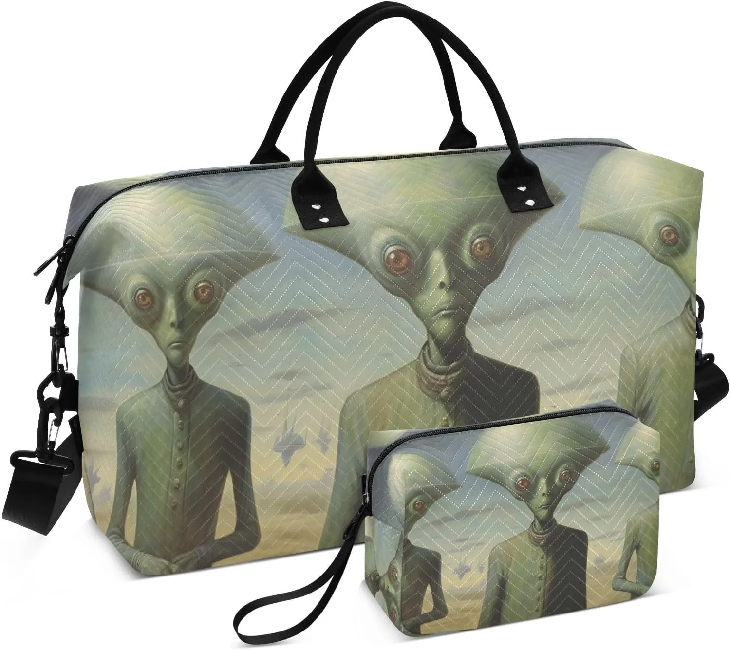 Duffel Bag Set for Travel Gym Sport, Weekender Bag Carry on Overnight Bags for Women Men-Three Alien Print
