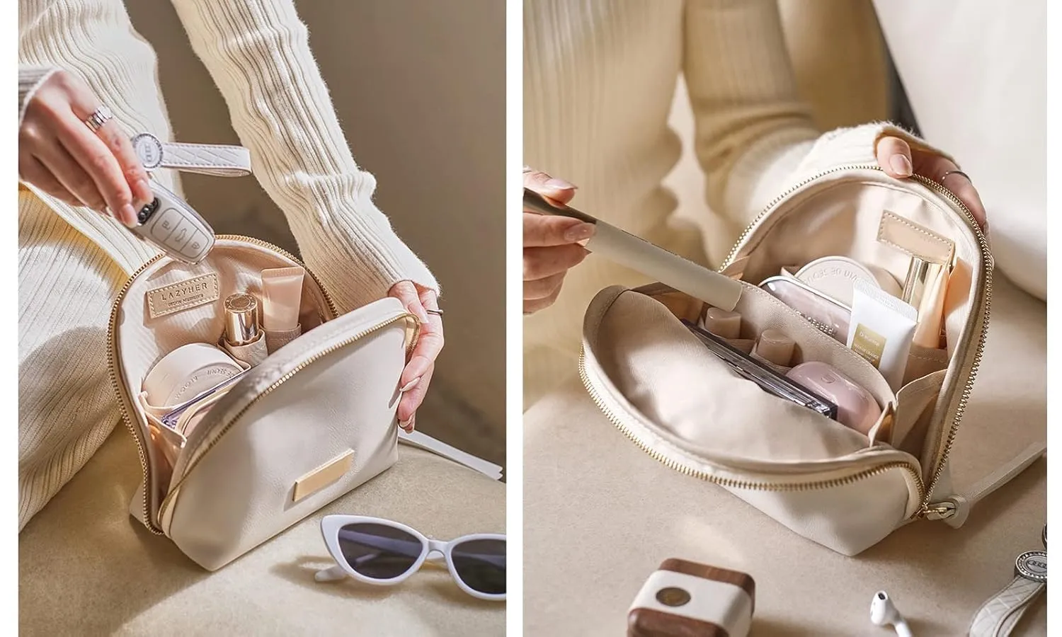 Egg White Clamshell PU Makeup Bag for Purse Portable Small Cosmetic Travel Bag for Women Cute Skincare Bag (Egg White)