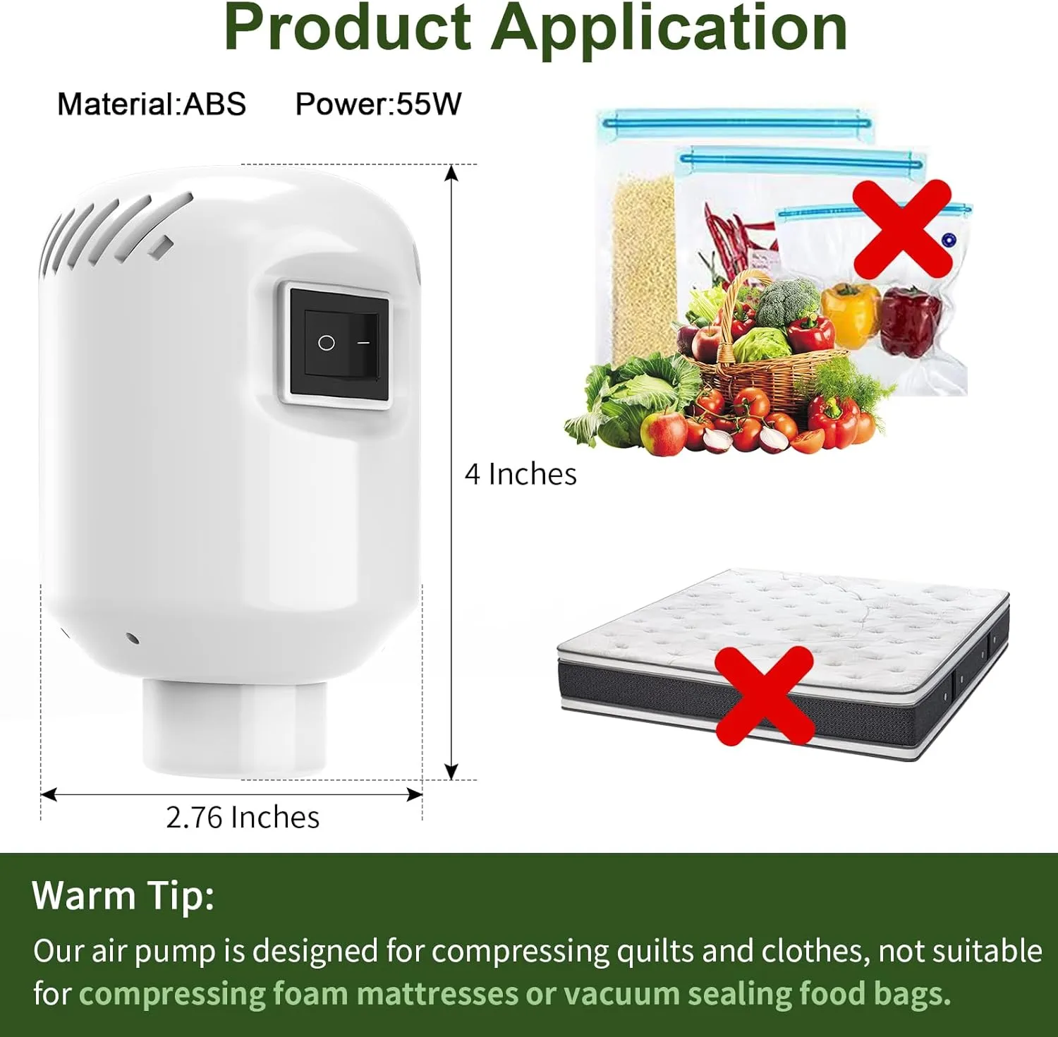 Electric Air Pump for Vacuum Storage Bags 55W Vacuum Seal Pump for Compressing Clothing Portable Vacuum Pump With Various Clothing/Quilts/Blankets