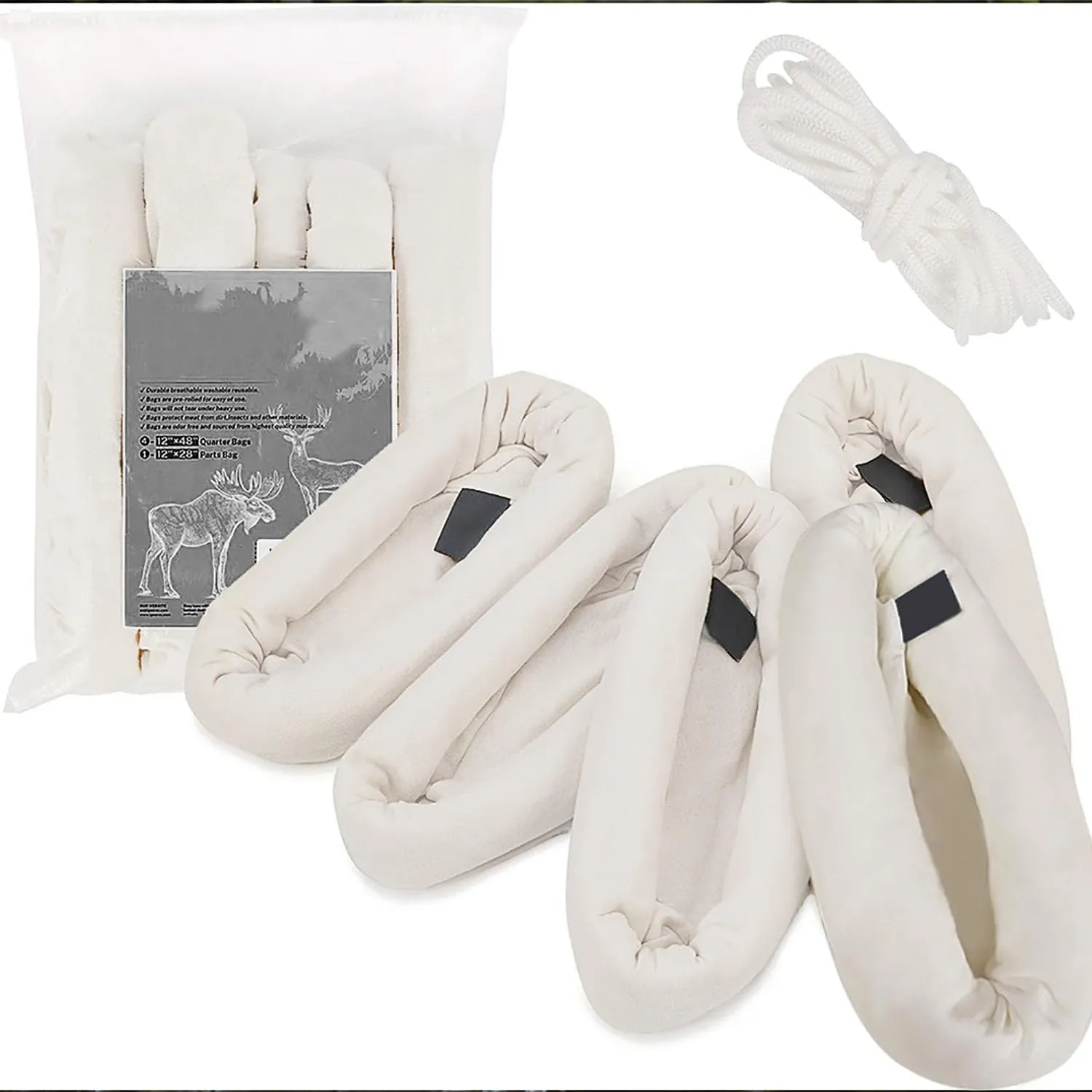 Elk Game Bags Hunting Meat Bags, 5-Pack Rolled Heavy Duty Quarter Bags, Reusable Big Game Bags with Reflective Strip for Elk, Caribou, Deer and Moose (48 inch/28 inch)