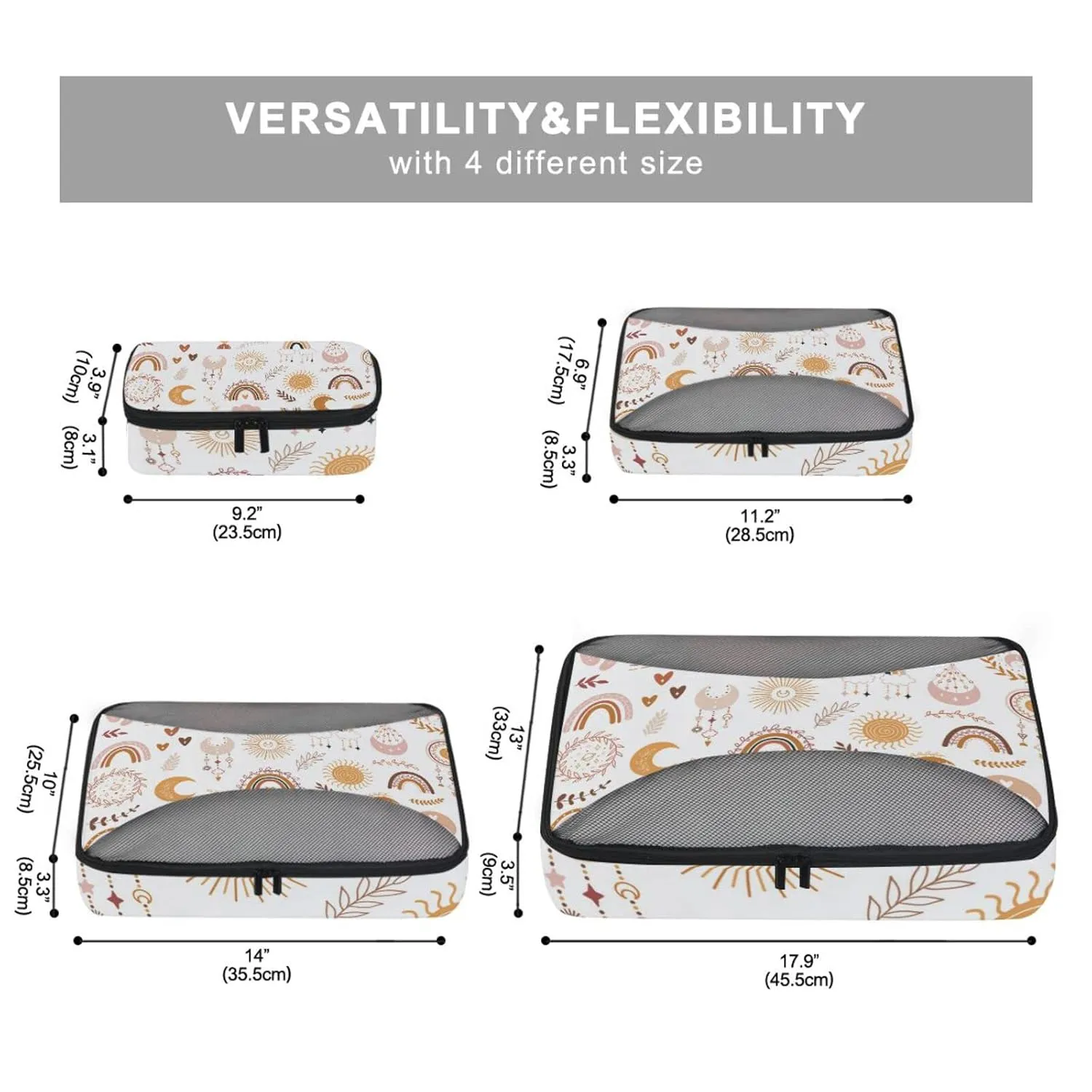Ethnic Tribal Brown Rainbows Moon, Sun, Cloud, Dreamcatcher 4 Set Packing Cubes, Travel Packing Organizers, 600D Oxford Cloth Toiletry Storage Bag, Luggage Mesh Bags for Accessories