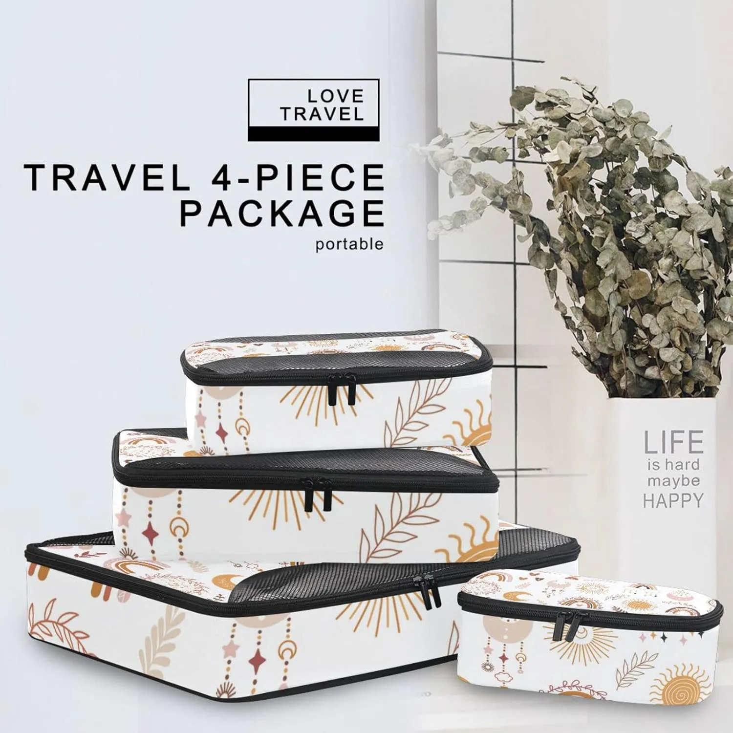 Ethnic Tribal Brown Rainbows Moon, Sun, Cloud, Dreamcatcher 4 Set Packing Cubes, Travel Packing Organizers, 600D Oxford Cloth Toiletry Storage Bag, Luggage Mesh Bags for Accessories