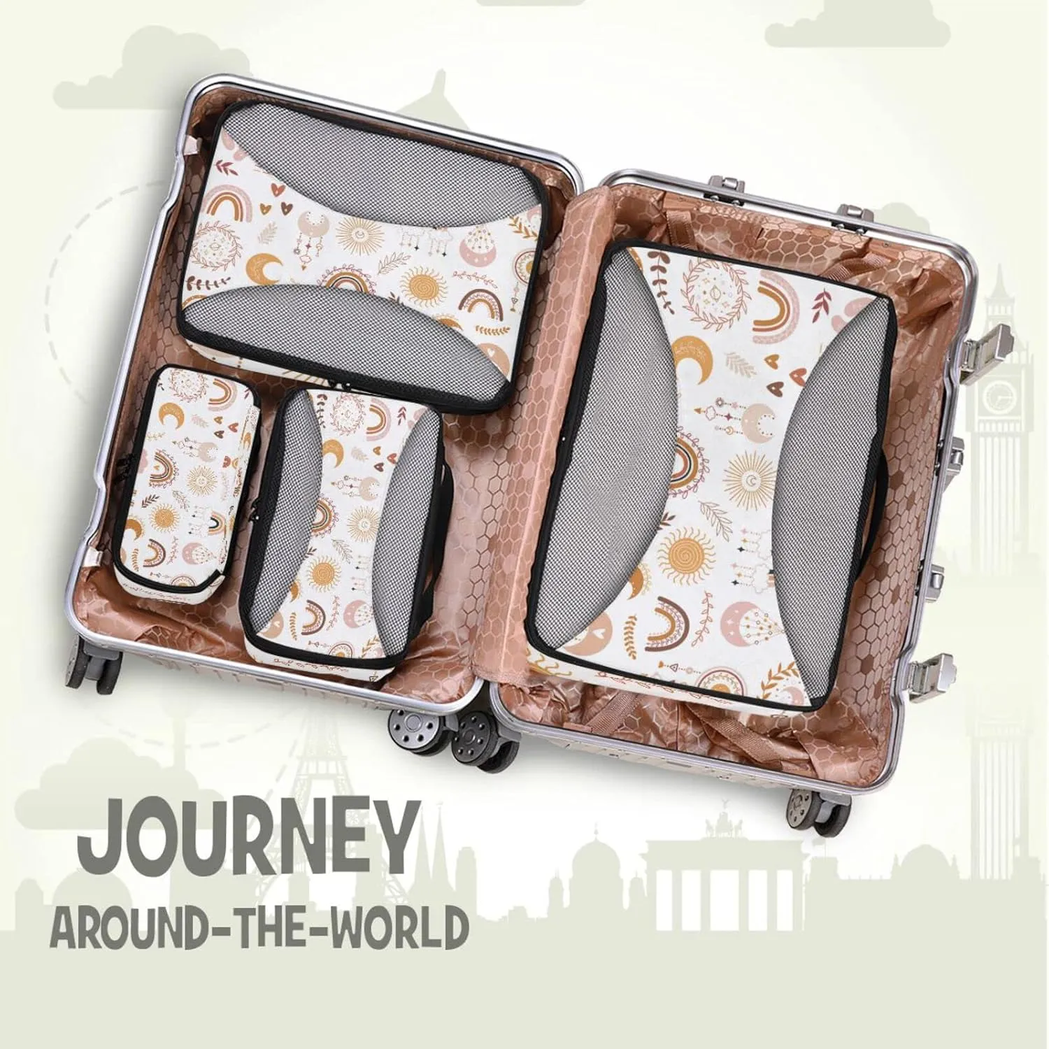 Ethnic Tribal Brown Rainbows Moon, Sun, Cloud, Dreamcatcher 4 Set Packing Cubes, Travel Packing Organizers, 600D Oxford Cloth Toiletry Storage Bag, Luggage Mesh Bags for Accessories