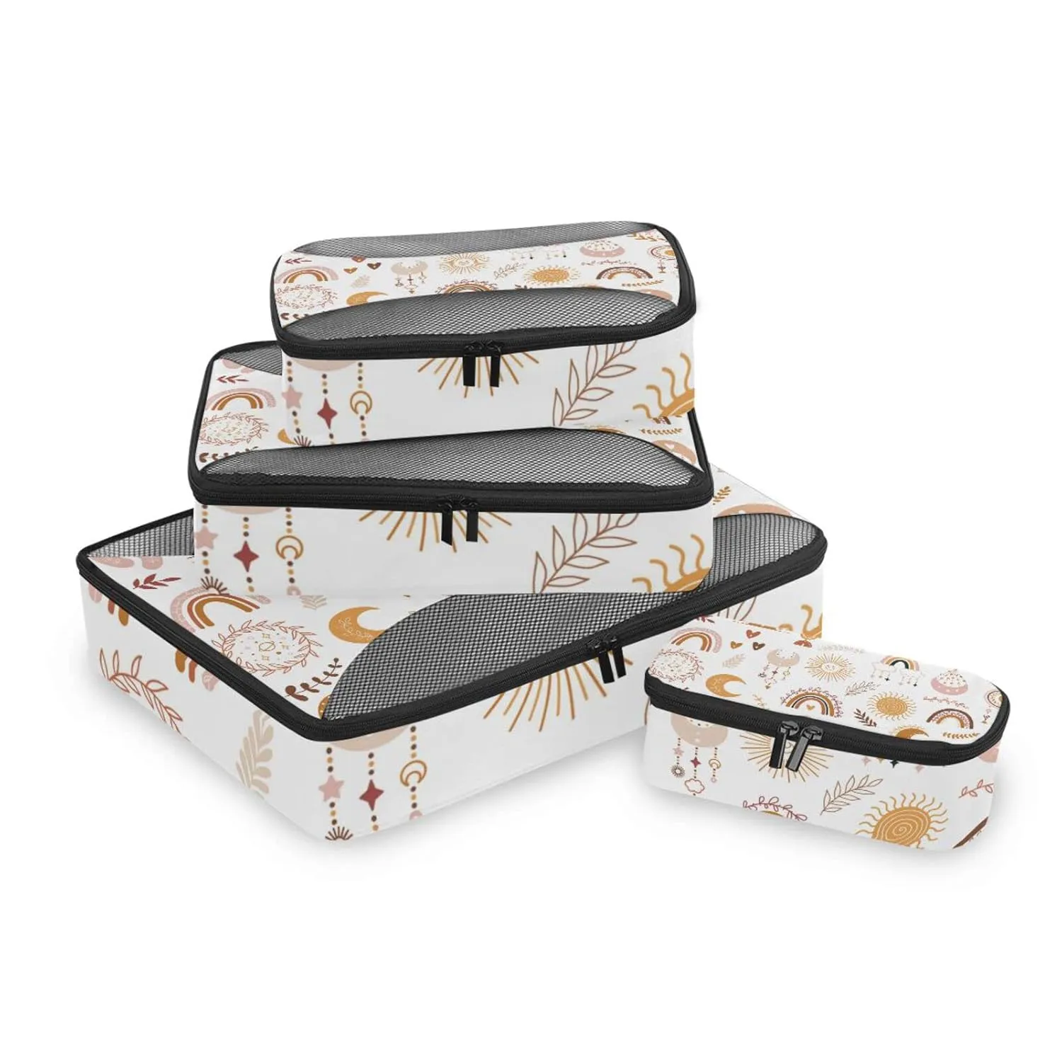 Ethnic Tribal Brown Rainbows Moon, Sun, Cloud, Dreamcatcher 4 Set Packing Cubes, Travel Packing Organizers, 600D Oxford Cloth Toiletry Storage Bag, Luggage Mesh Bags for Accessories