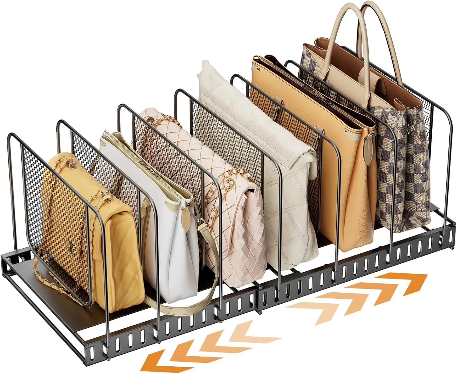 Expandable Bag & Purse Organizer for Closet, 2-Pack Handbag Storage with 7 Adjustable Mesh Shelf Dividers for Closet Organizers and Storage to Keep Purses upright (Black)