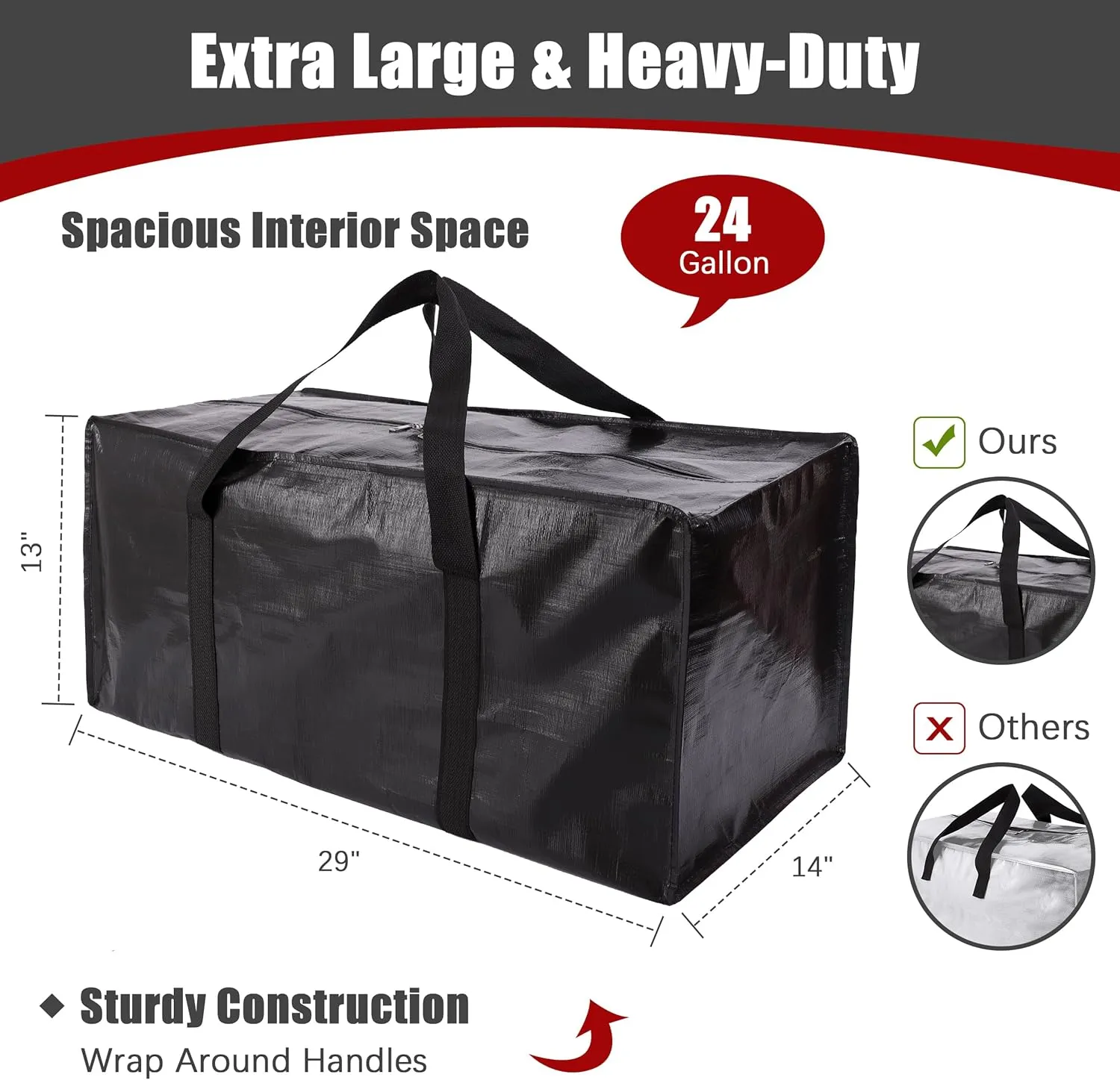 Extra Large Moving Bags with Zippers & Carrying Handles, Heavy-Duty Storage Tote for Space Saving Moving Storage, Fold Flat, Alternative to Box and Bin - 8 Pack, Black