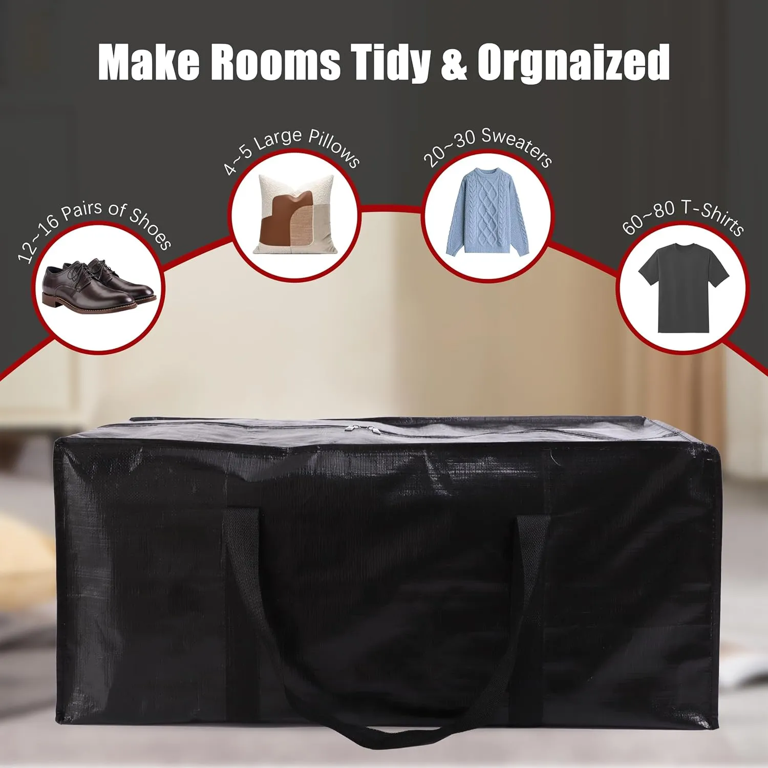 Extra Large Moving Bags with Zippers & Carrying Handles, Heavy-Duty Storage Tote for Space Saving Moving Storage, Fold Flat, Alternative to Box and Bin - 8 Pack, Black